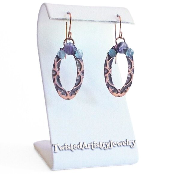 Amethyst and Apatite Oval Hoop Embossed Copper Earrings - Picture 3 of 3